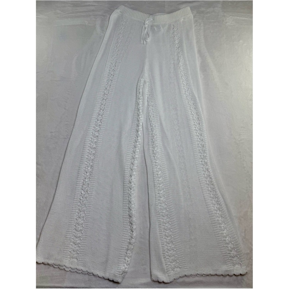 Crochet Knit Pants Women Medium White Excellent Pointelle Wide Leg